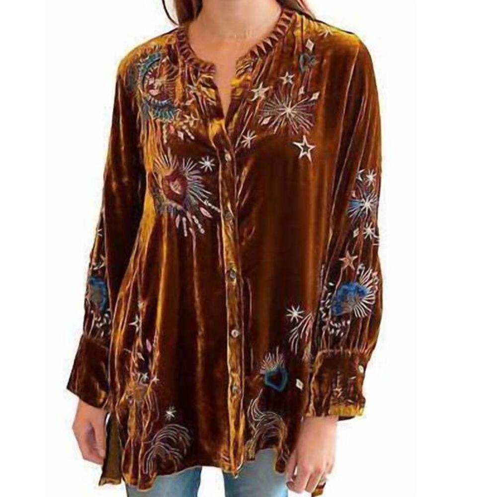 Johnny Was Womens XS Gold Victoria Velvet Voyager Silk Embroidered Blouse Tunic